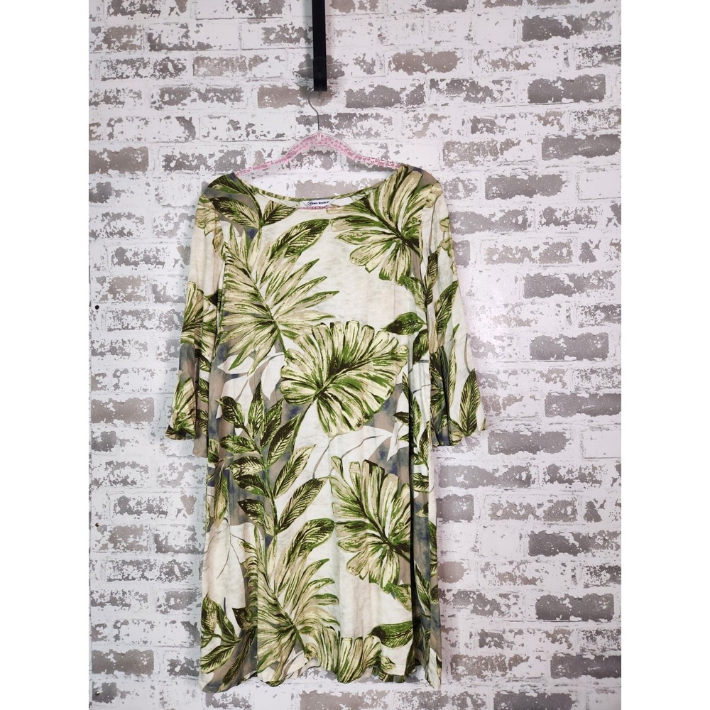 Jams World Tropical Leaf Shift Dress Large Hawaiian Rayon Bell Sleeves